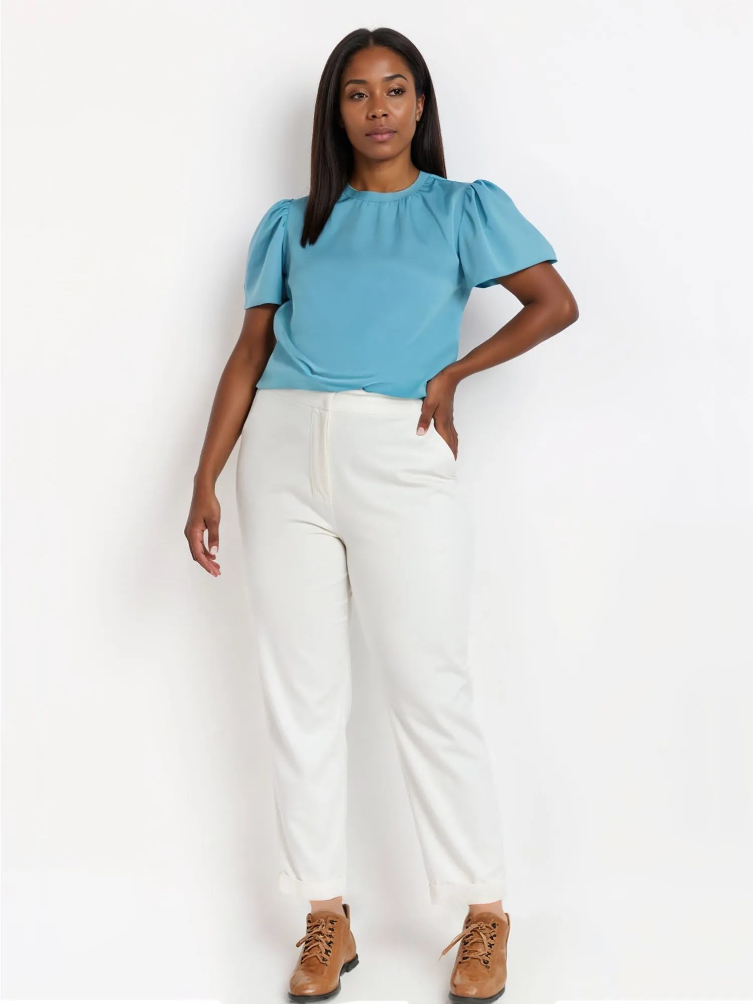 Plus Crew Neck Satin Flutter Sleeve Blouse