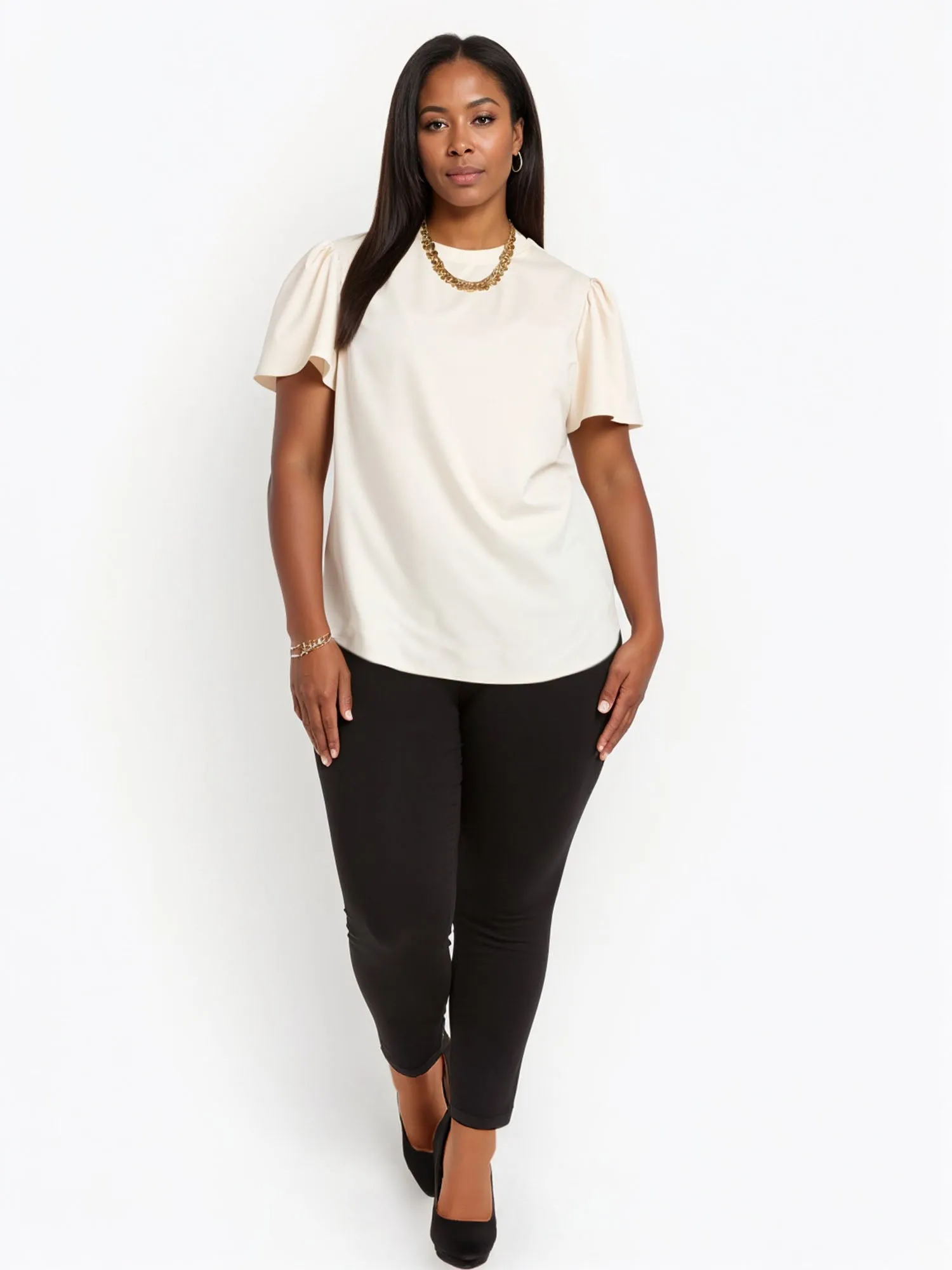 Plus Crew Neck Satin Flutter Sleeve Blouse