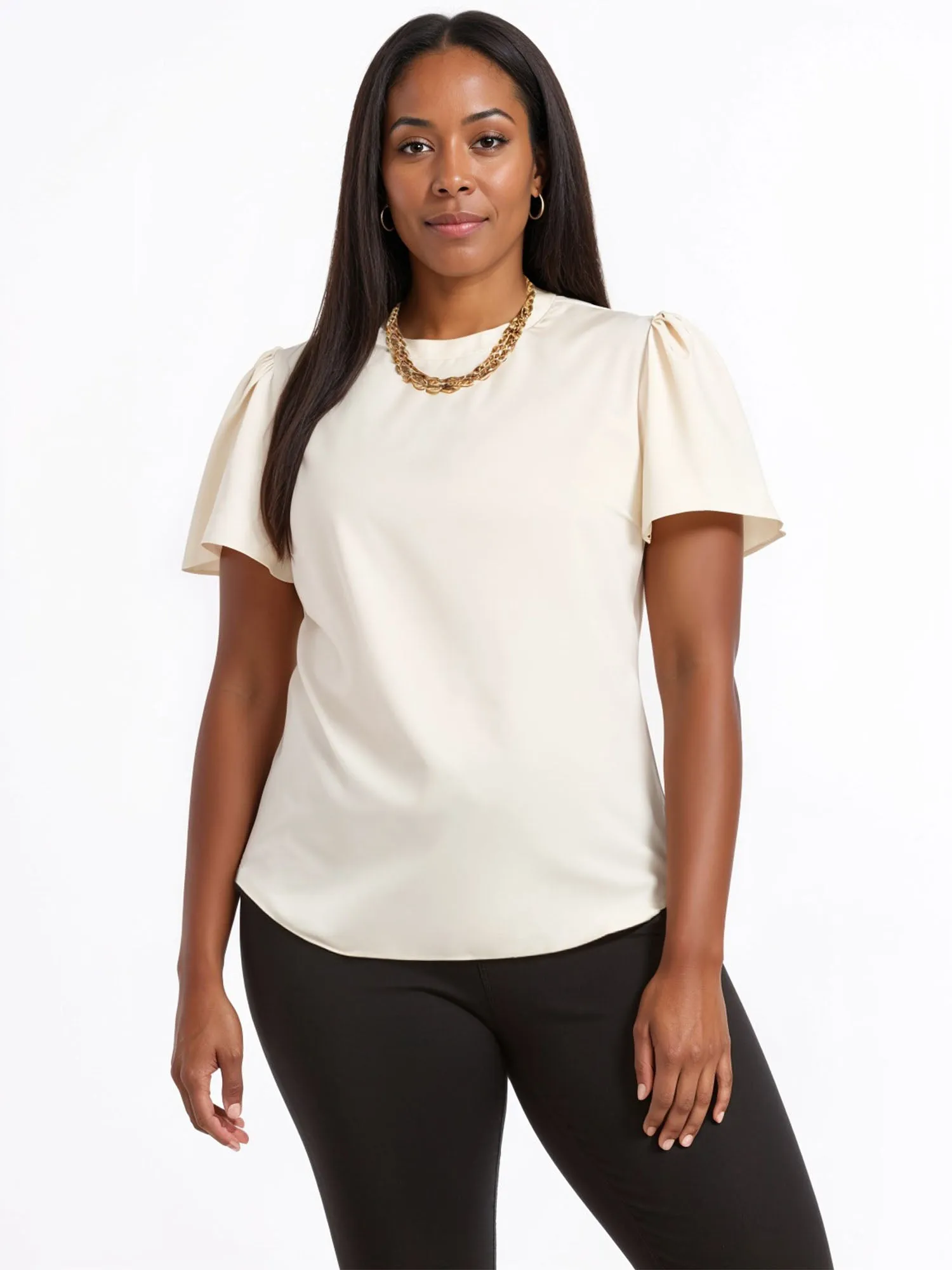 Plus Crew Neck Satin Flutter Sleeve Blouse