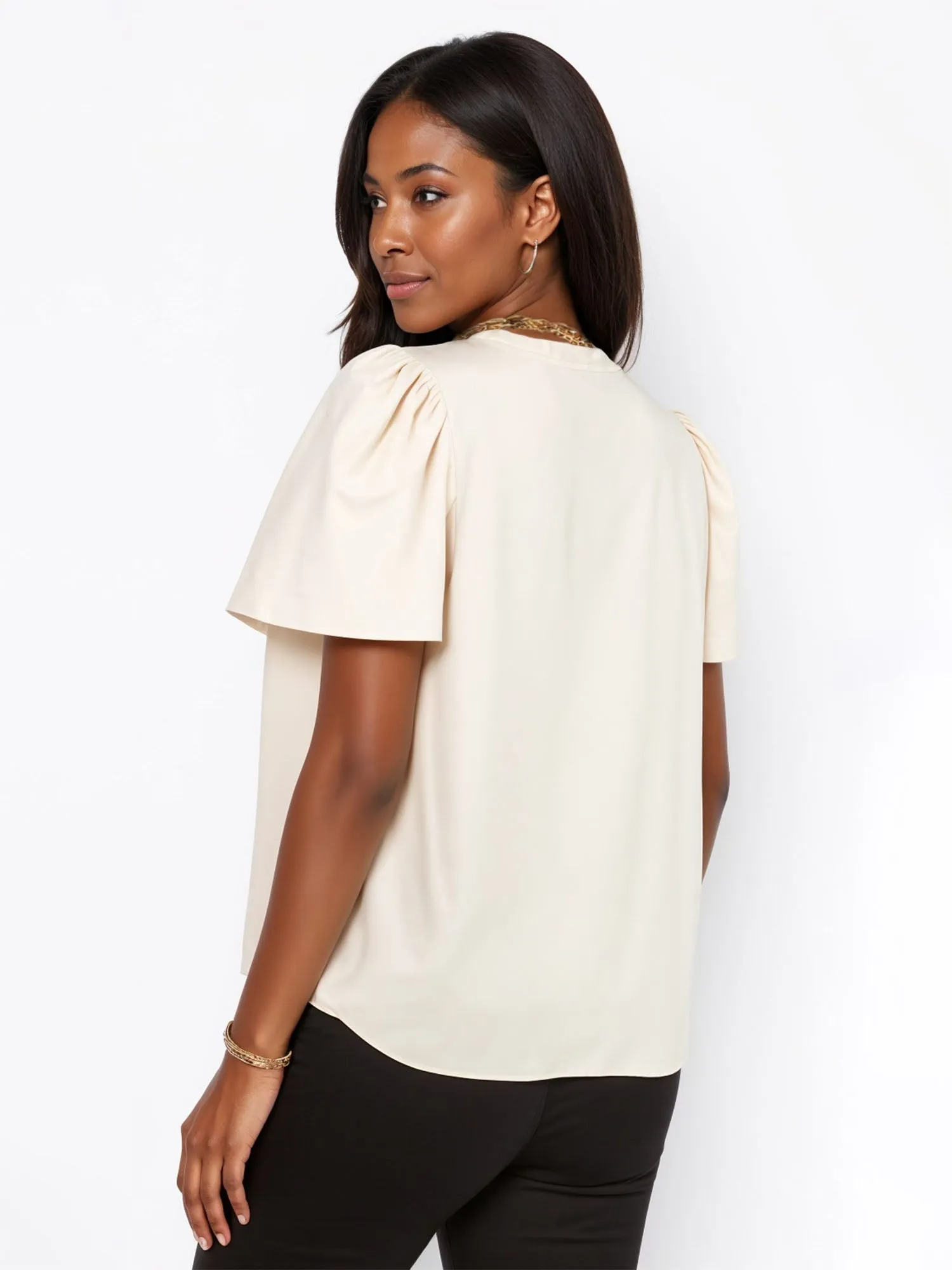 Plus Crew Neck Satin Flutter Sleeve Blouse