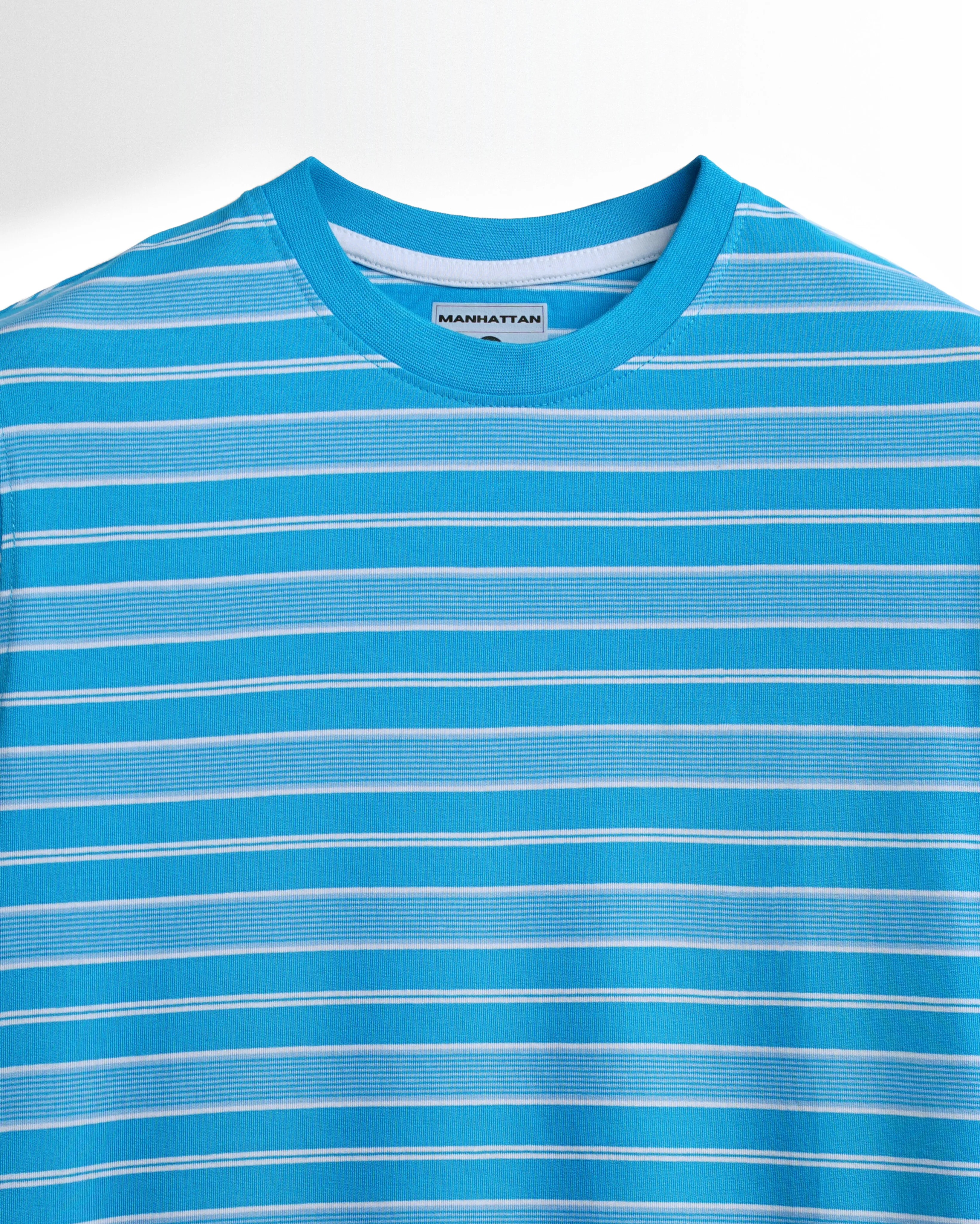 Premium Yarn Striped Cotton T-Shirts (Hawai Blue/White)