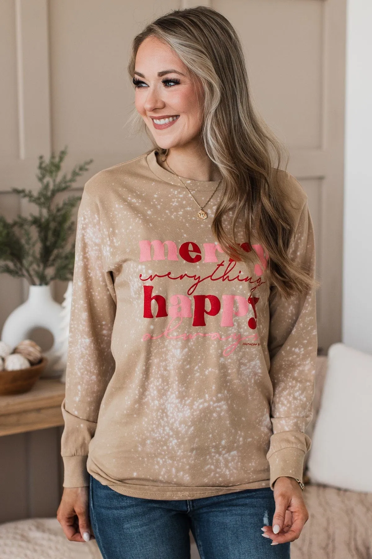 "Happy Always" Bleached Long Sleeve Top- Tan