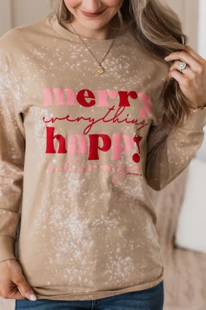 "Happy Always" Bleached Long Sleeve Top- Tan