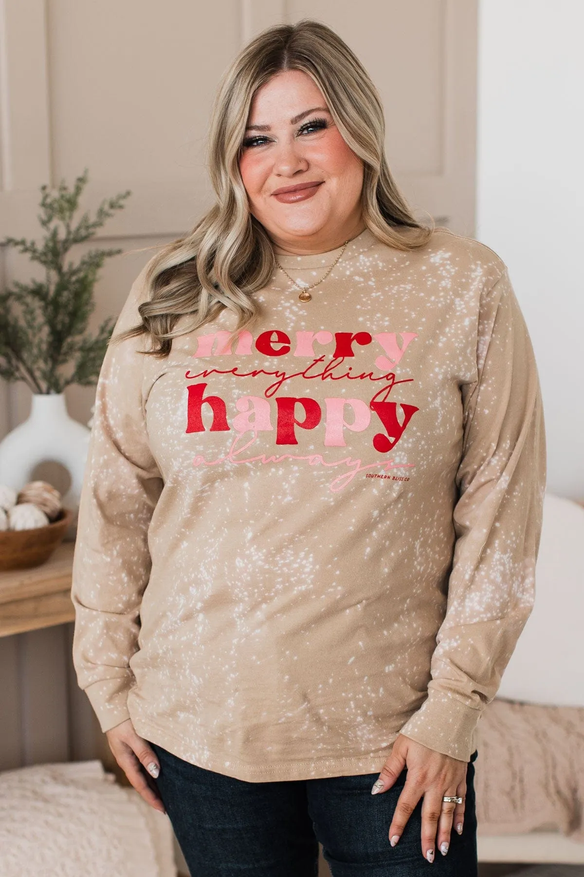 "Happy Always" Bleached Long Sleeve Top- Tan