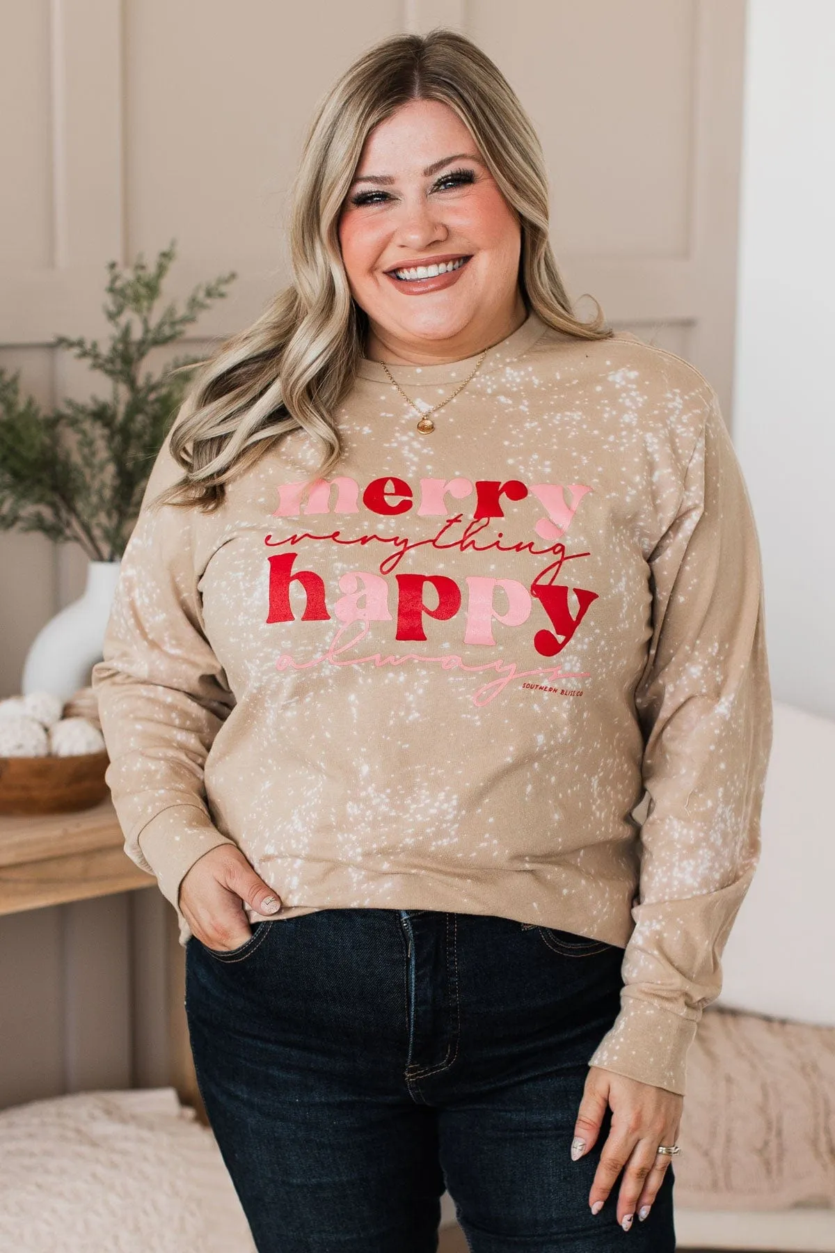 "Happy Always" Bleached Long Sleeve Top- Tan