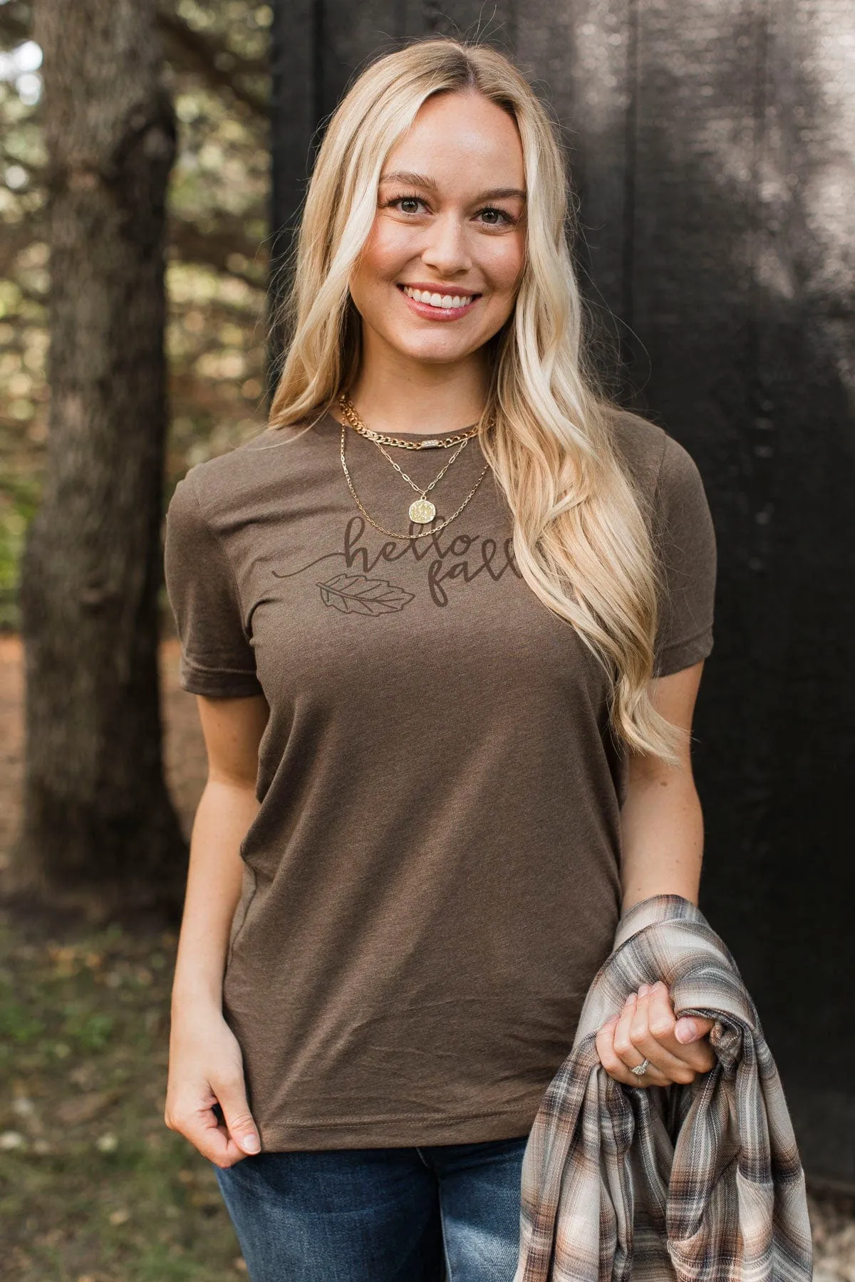"Hello Fall" Leaf Graphic Tee- Brown