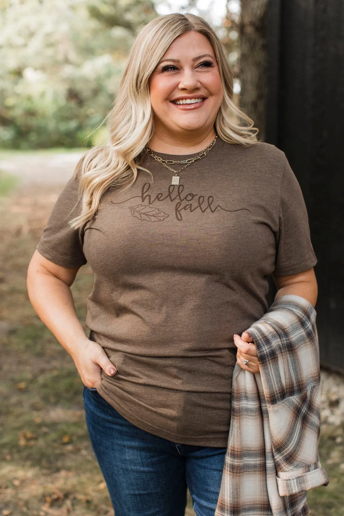"Hello Fall" Leaf Graphic Tee- Brown