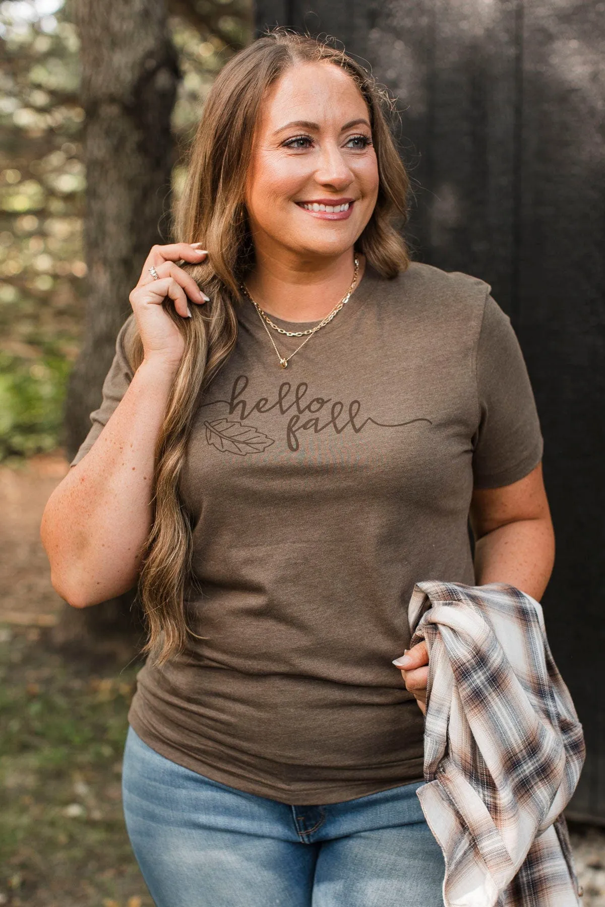 "Hello Fall" Leaf Graphic Tee- Brown
