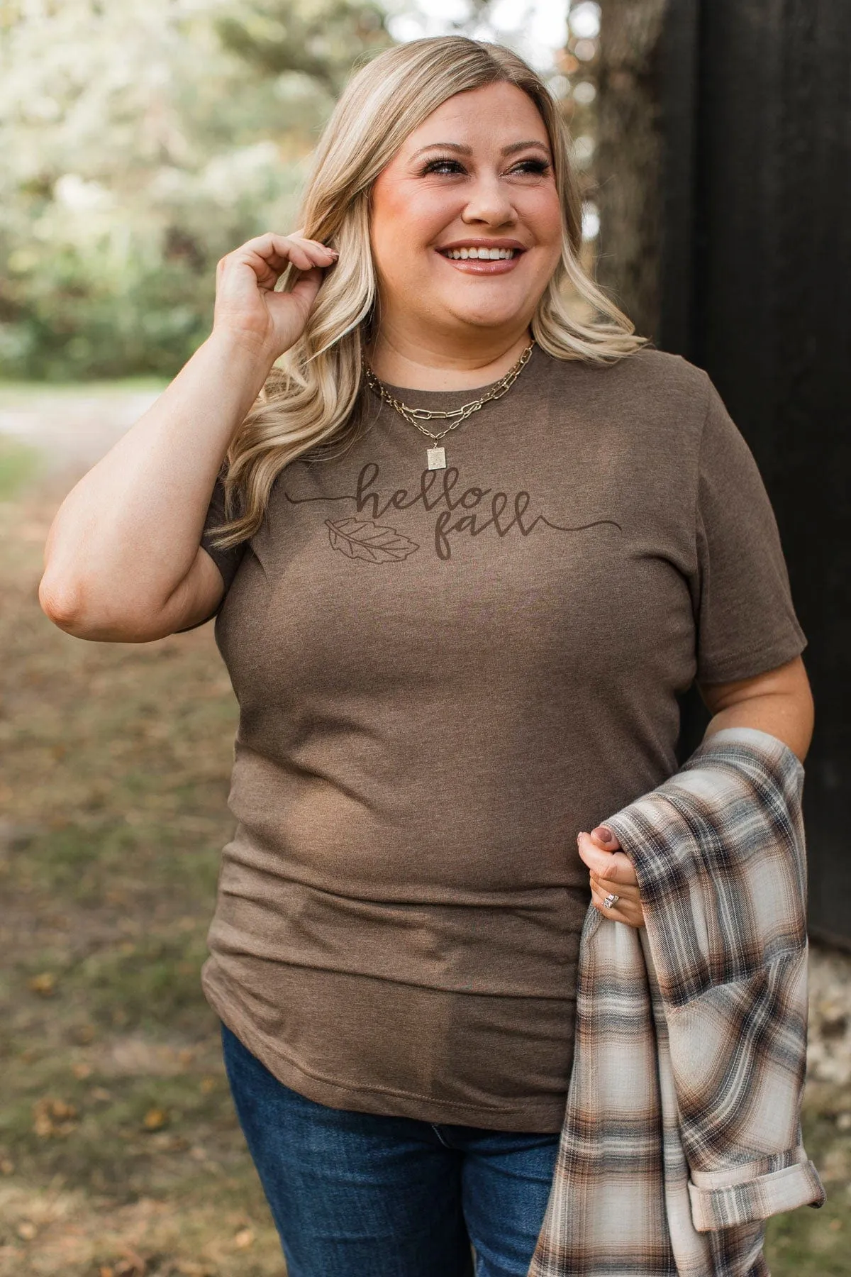 "Hello Fall" Leaf Graphic Tee- Brown