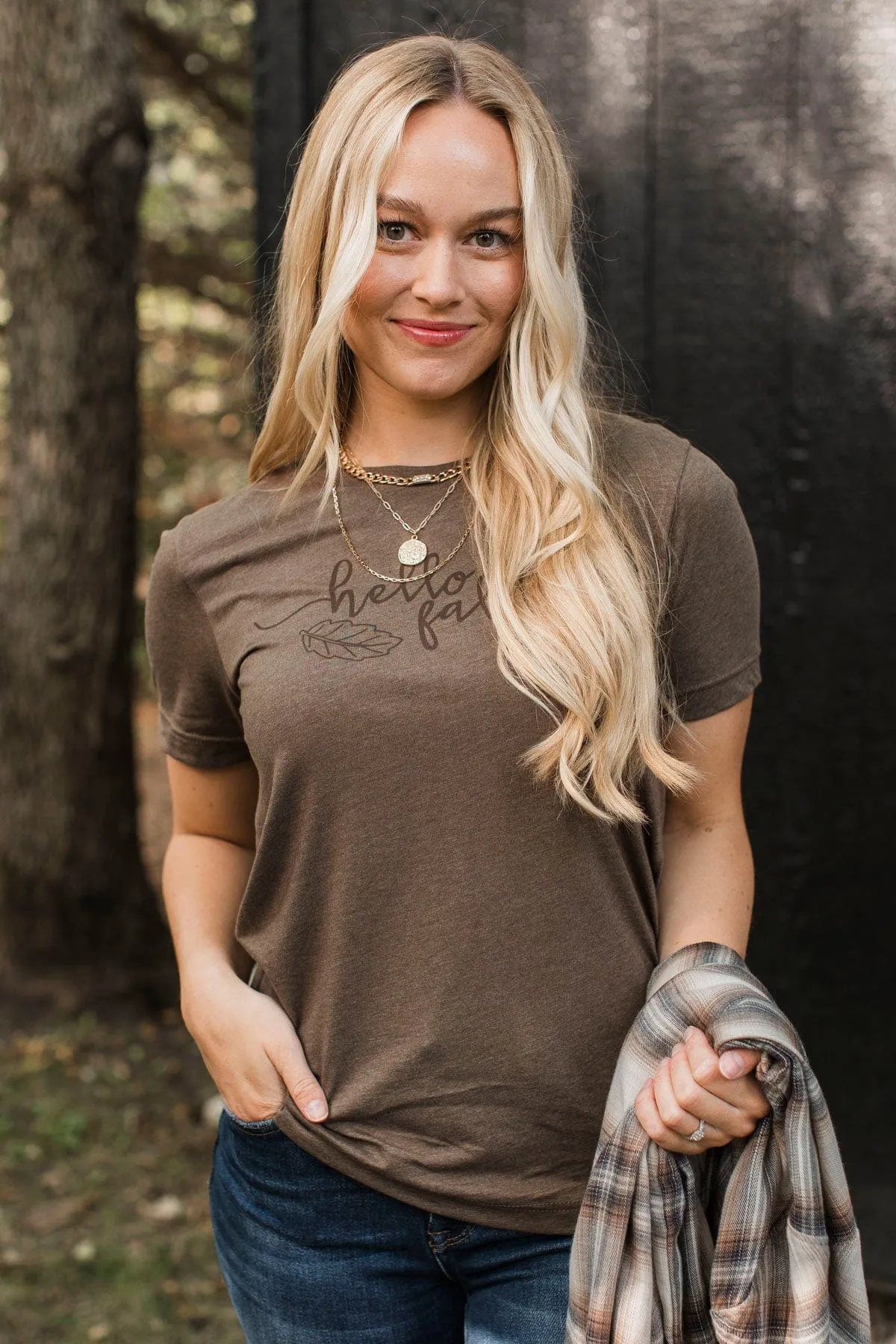 "Hello Fall" Leaf Graphic Tee- Brown