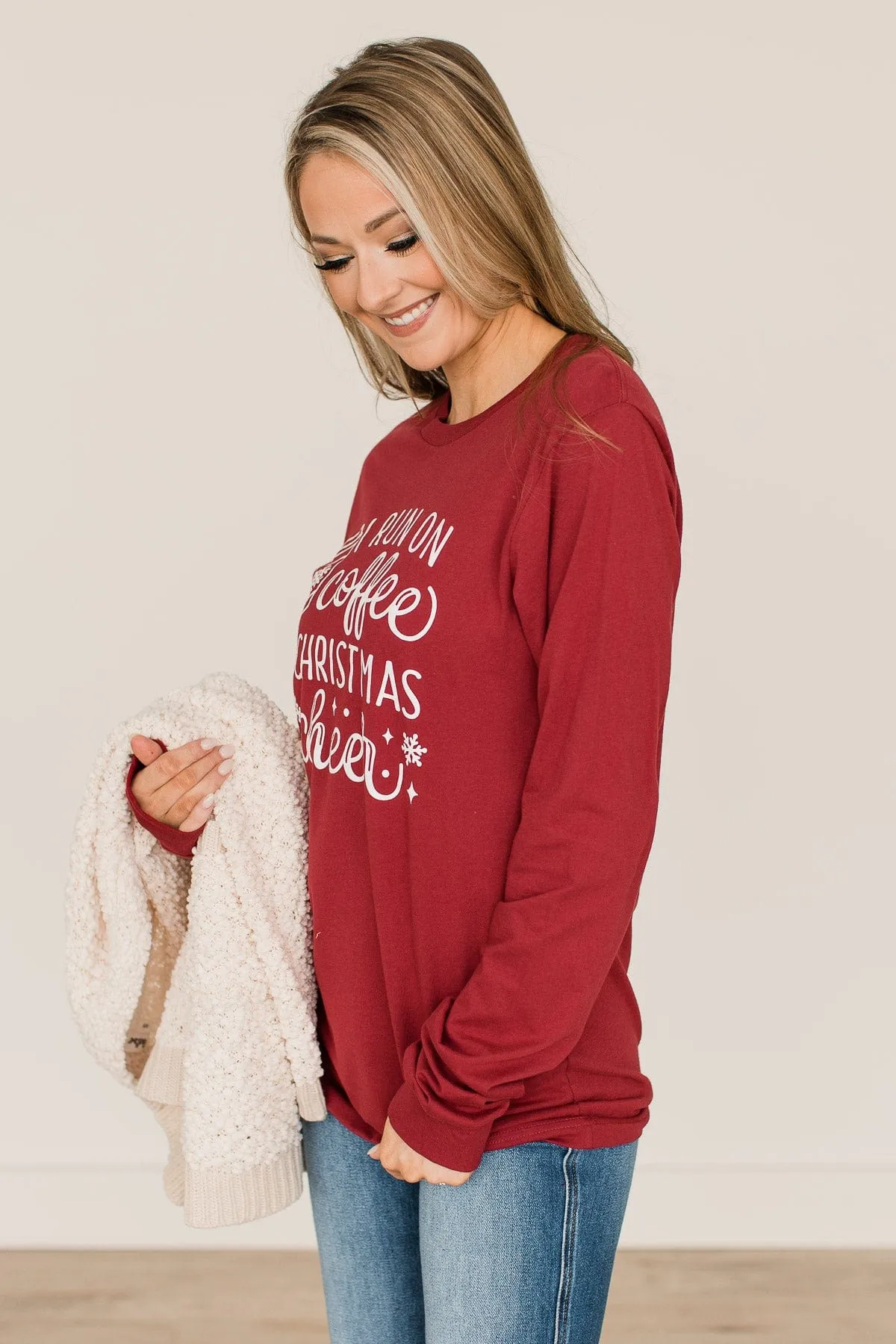 "I Run On Coffee & Christmas Cheer" Graphic Top- Dark Red