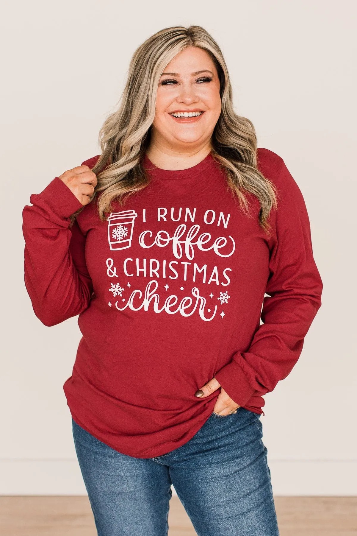 "I Run On Coffee & Christmas Cheer" Graphic Top- Dark Red