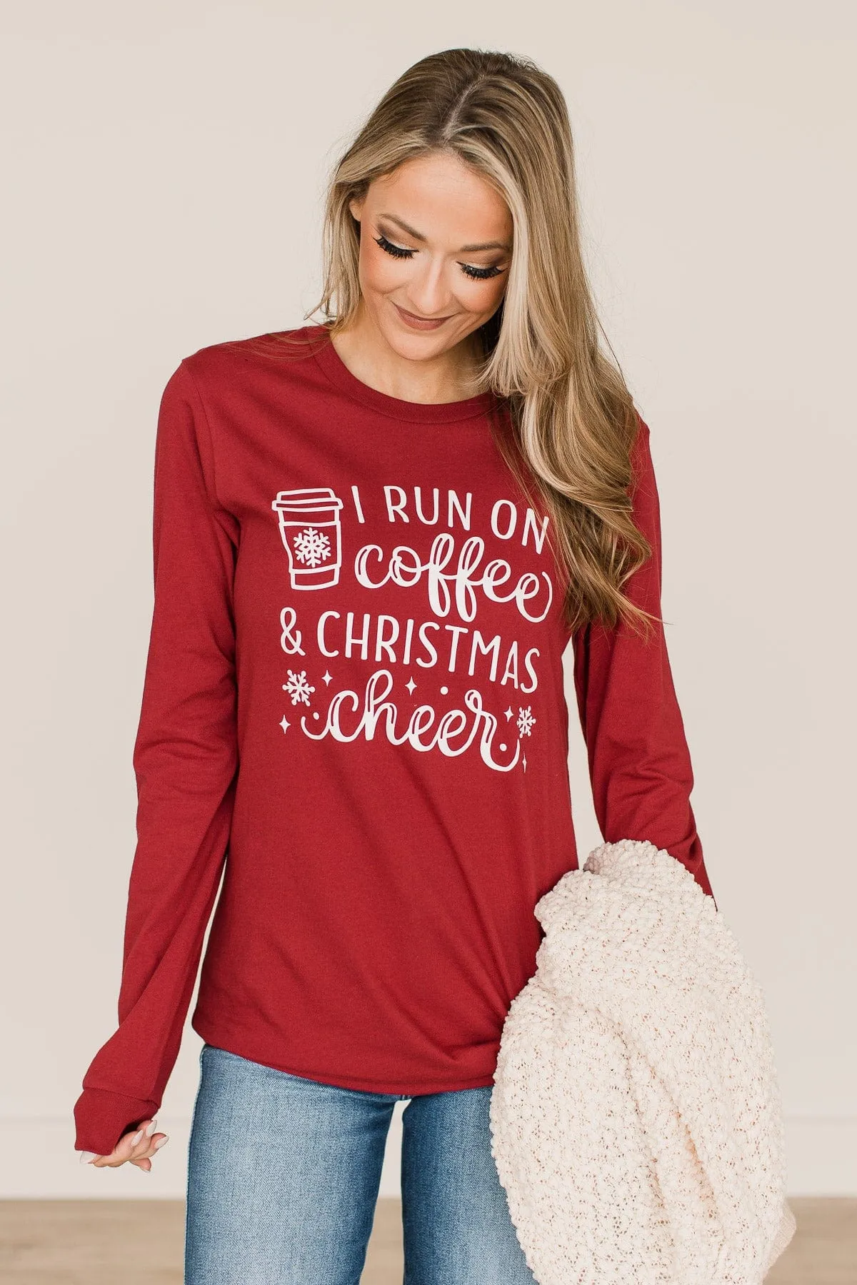 "I Run On Coffee & Christmas Cheer" Graphic Top- Dark Red