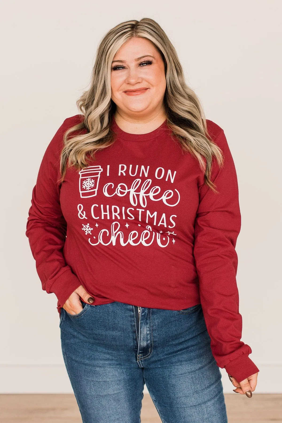 "I Run On Coffee & Christmas Cheer" Graphic Top- Dark Red