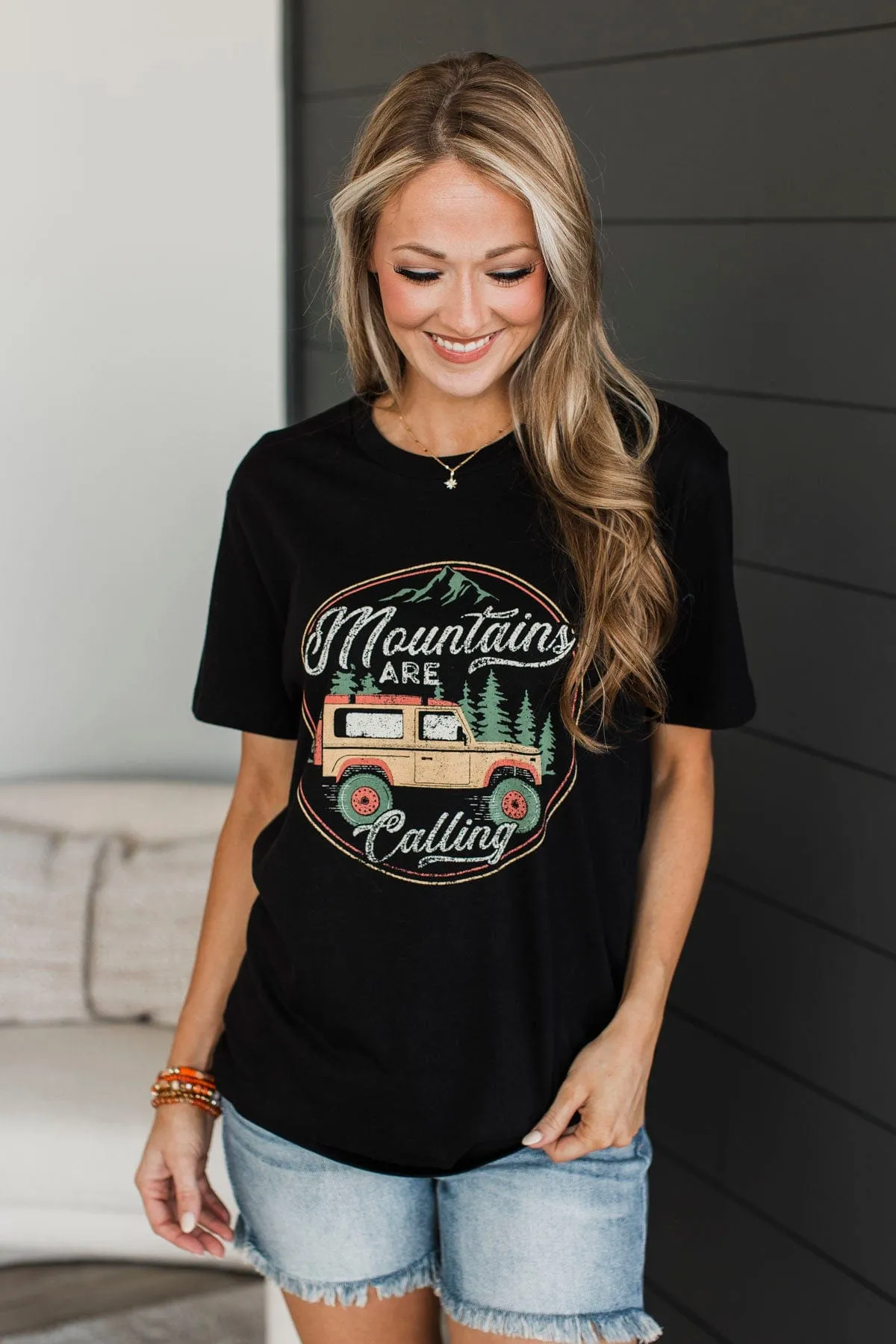 "Mountains Are Calling" Graphic Tee- Black