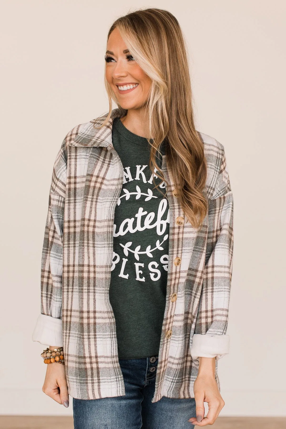 "Thankful, Grateful, Blessed" Graphic Tee- Forest Green