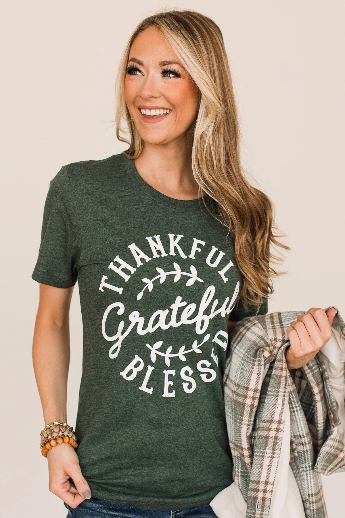 "Thankful, Grateful, Blessed" Graphic Tee- Forest Green