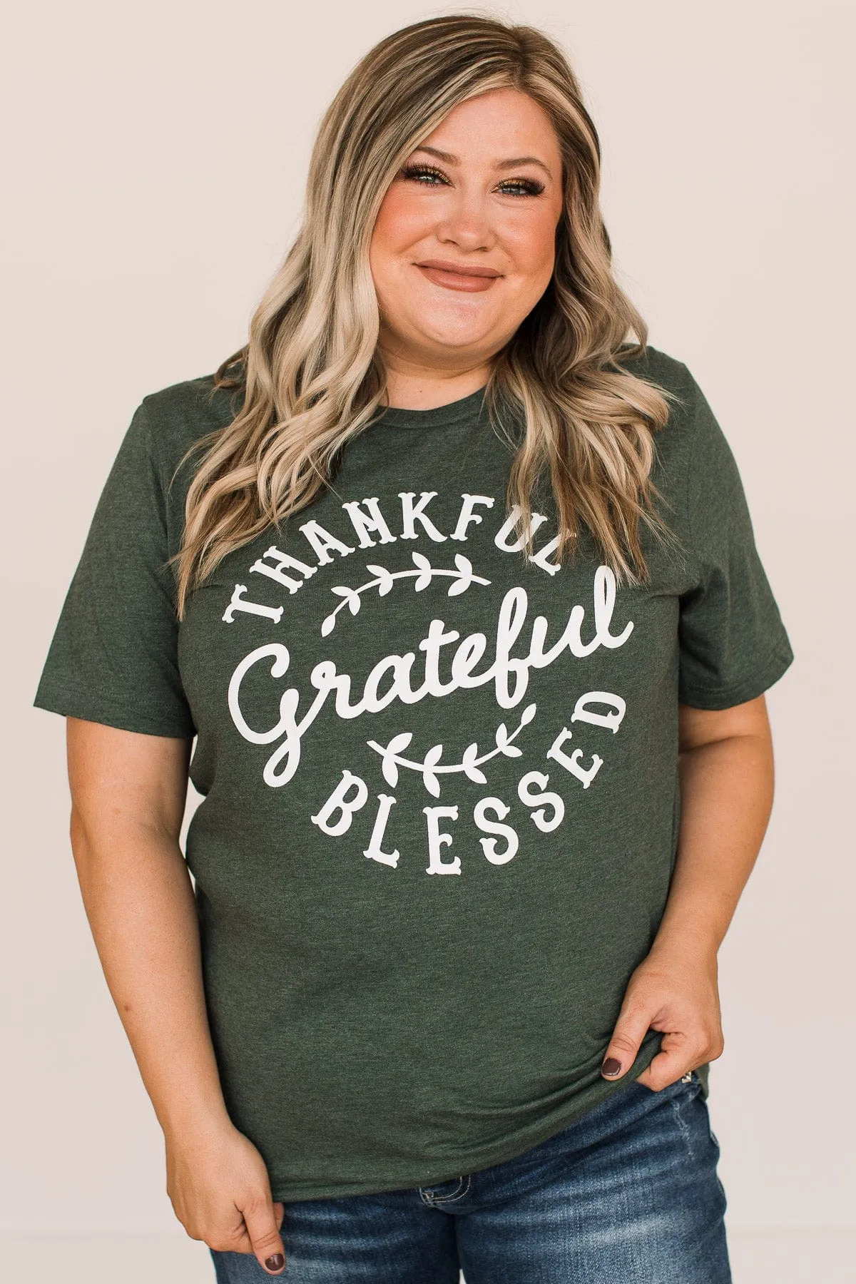 "Thankful, Grateful, Blessed" Graphic Tee- Forest Green