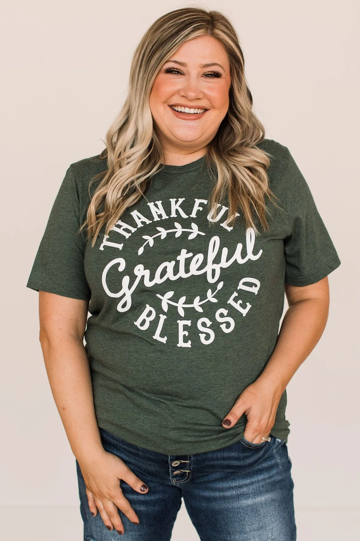 "Thankful, Grateful, Blessed" Graphic Tee- Forest Green