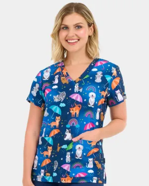 'Raining Cats And Dogs' Women's Stretch Scrub Top - 1054
