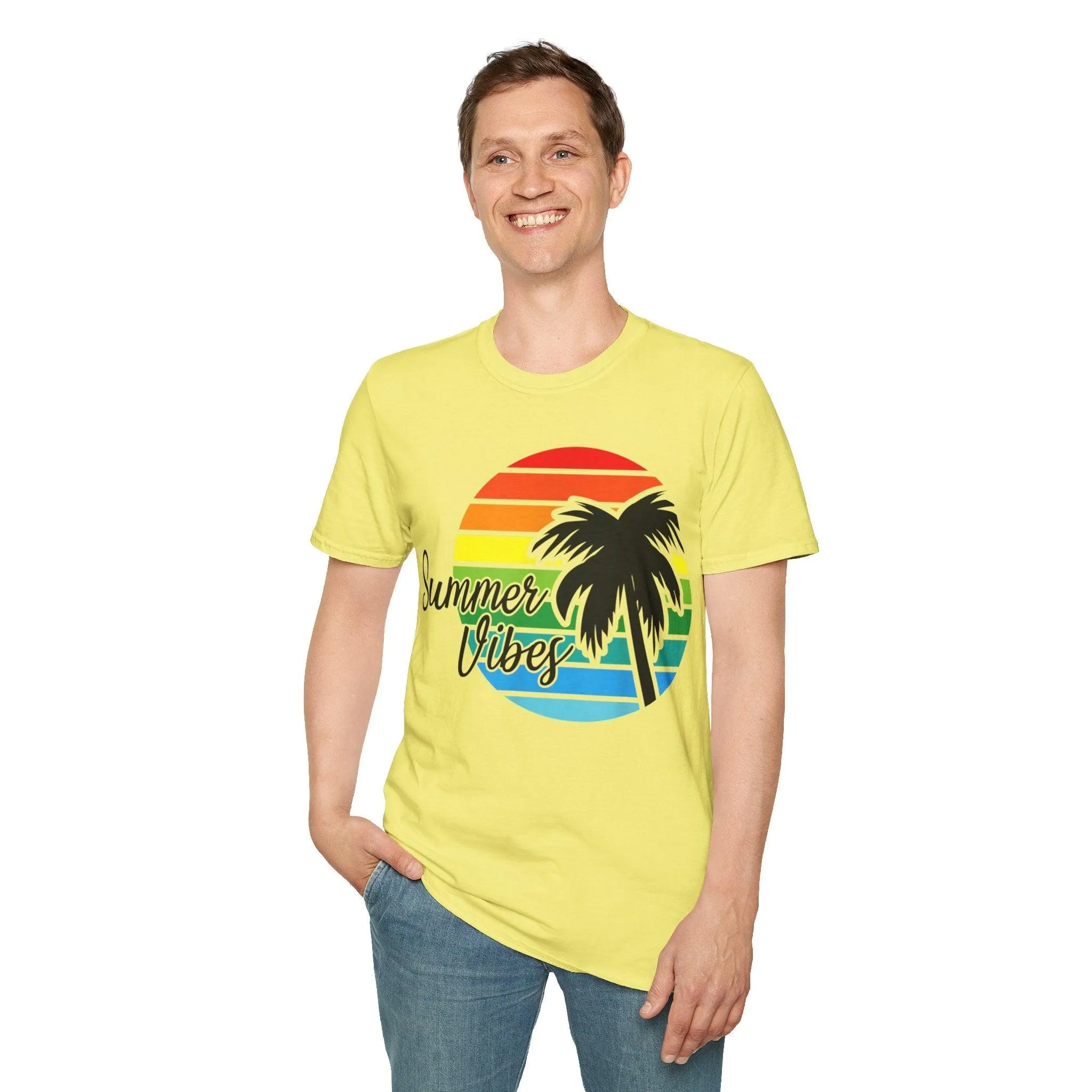 Retro Beach Summer Vibe Sunset And Palm Trees Unisex Softstyle T-Shirt