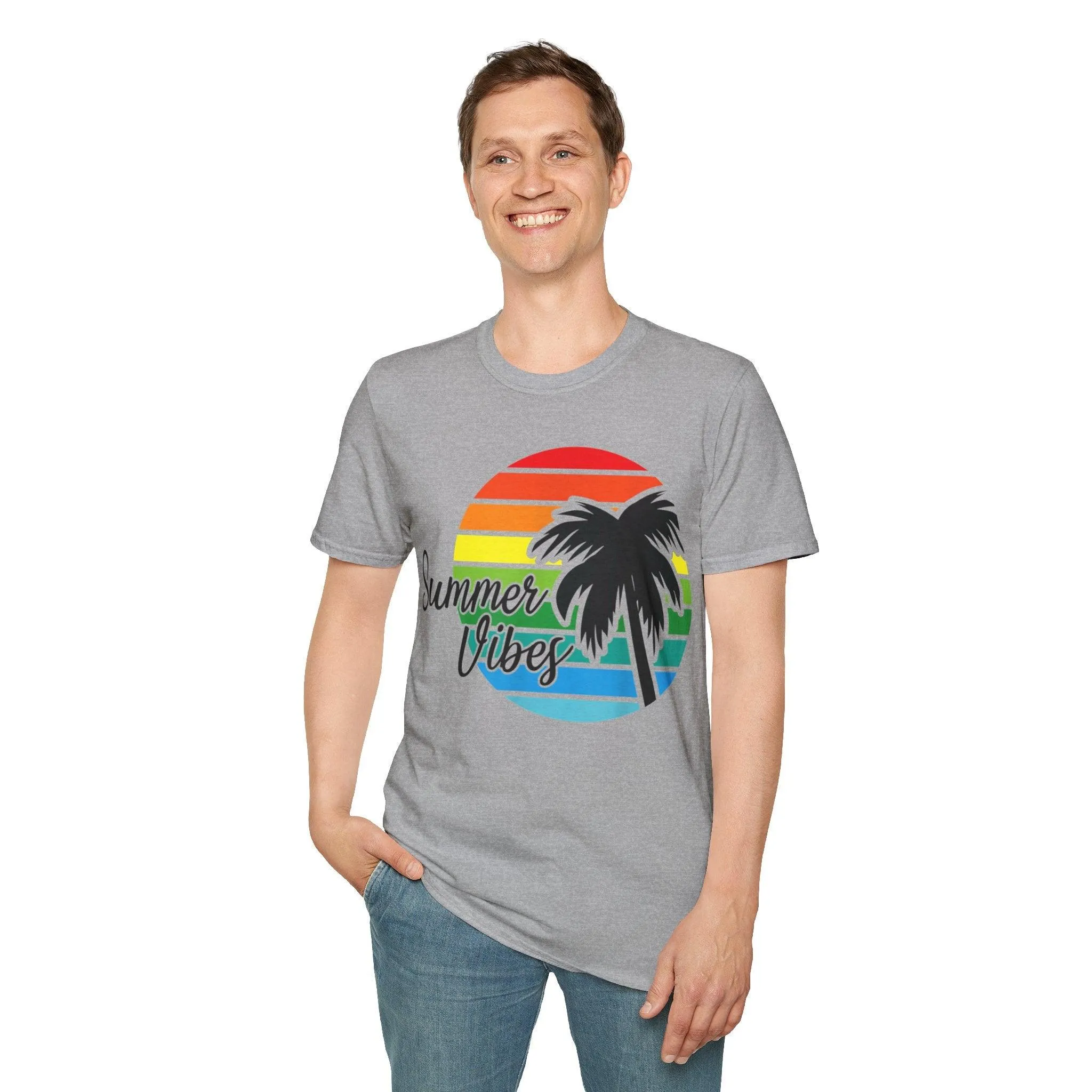 Retro Beach Summer Vibe Sunset And Palm Trees Unisex Softstyle T-Shirt