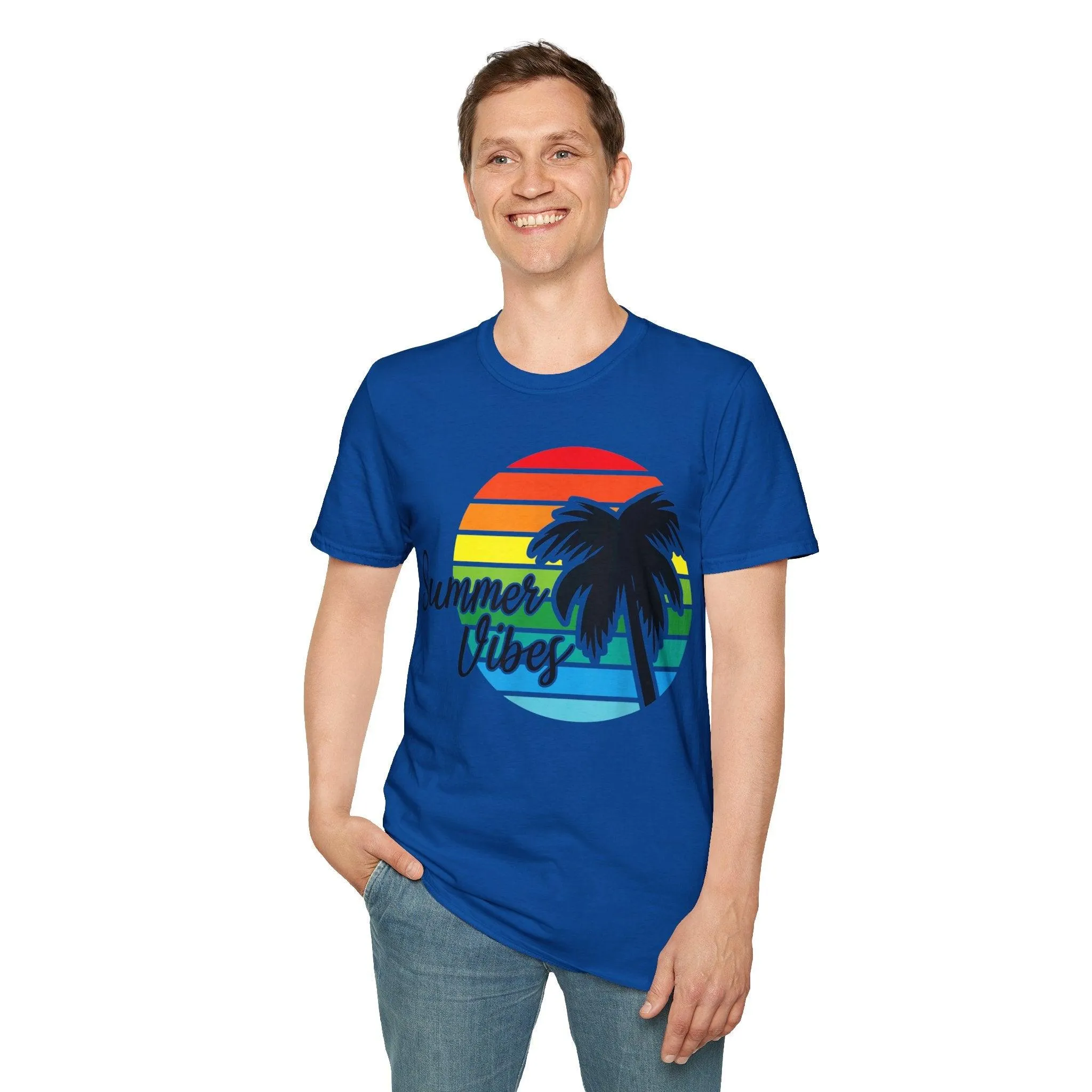 Retro Beach Summer Vibe Sunset And Palm Trees Unisex Softstyle T-Shirt
