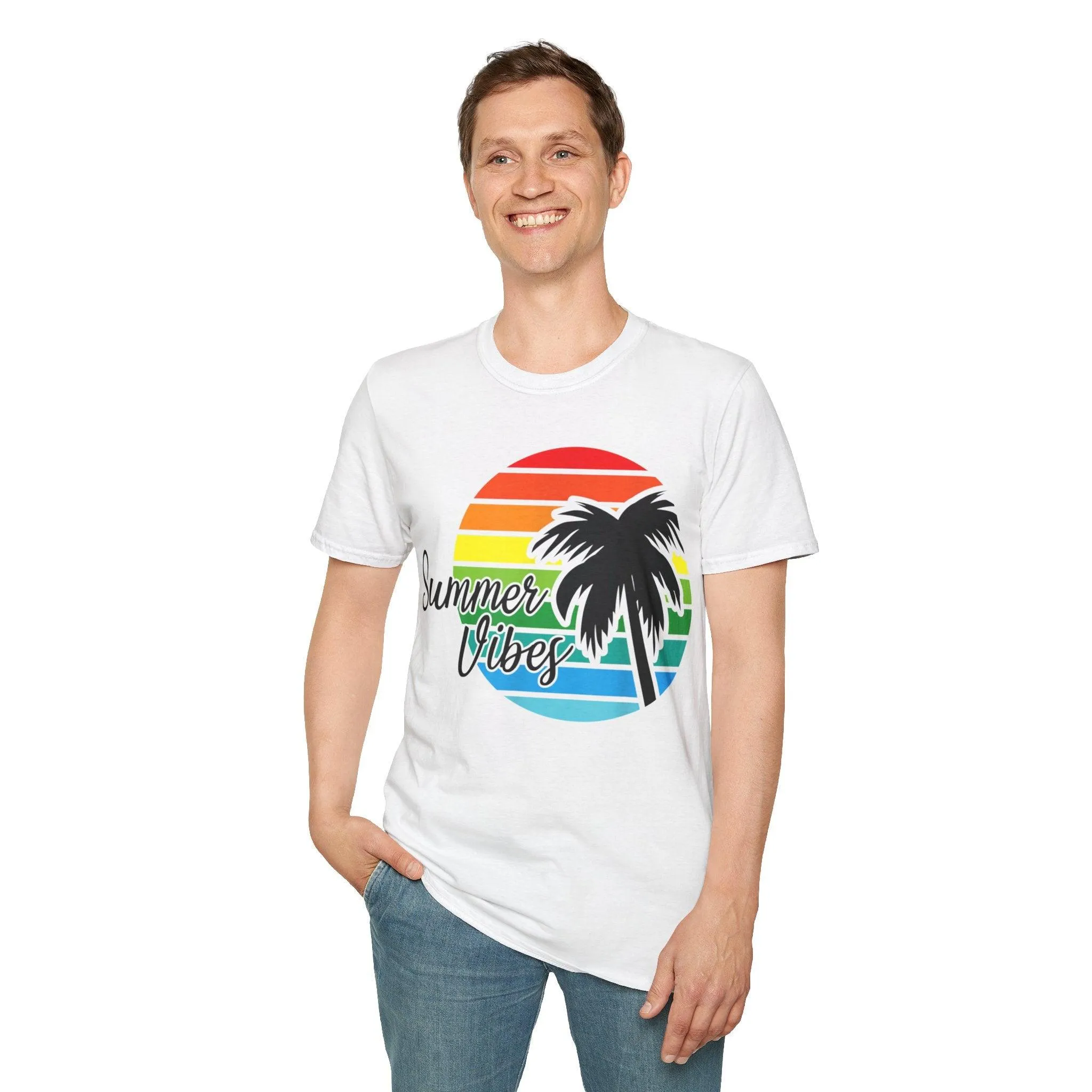 Retro Beach Summer Vibe Sunset And Palm Trees Unisex Softstyle T-Shirt