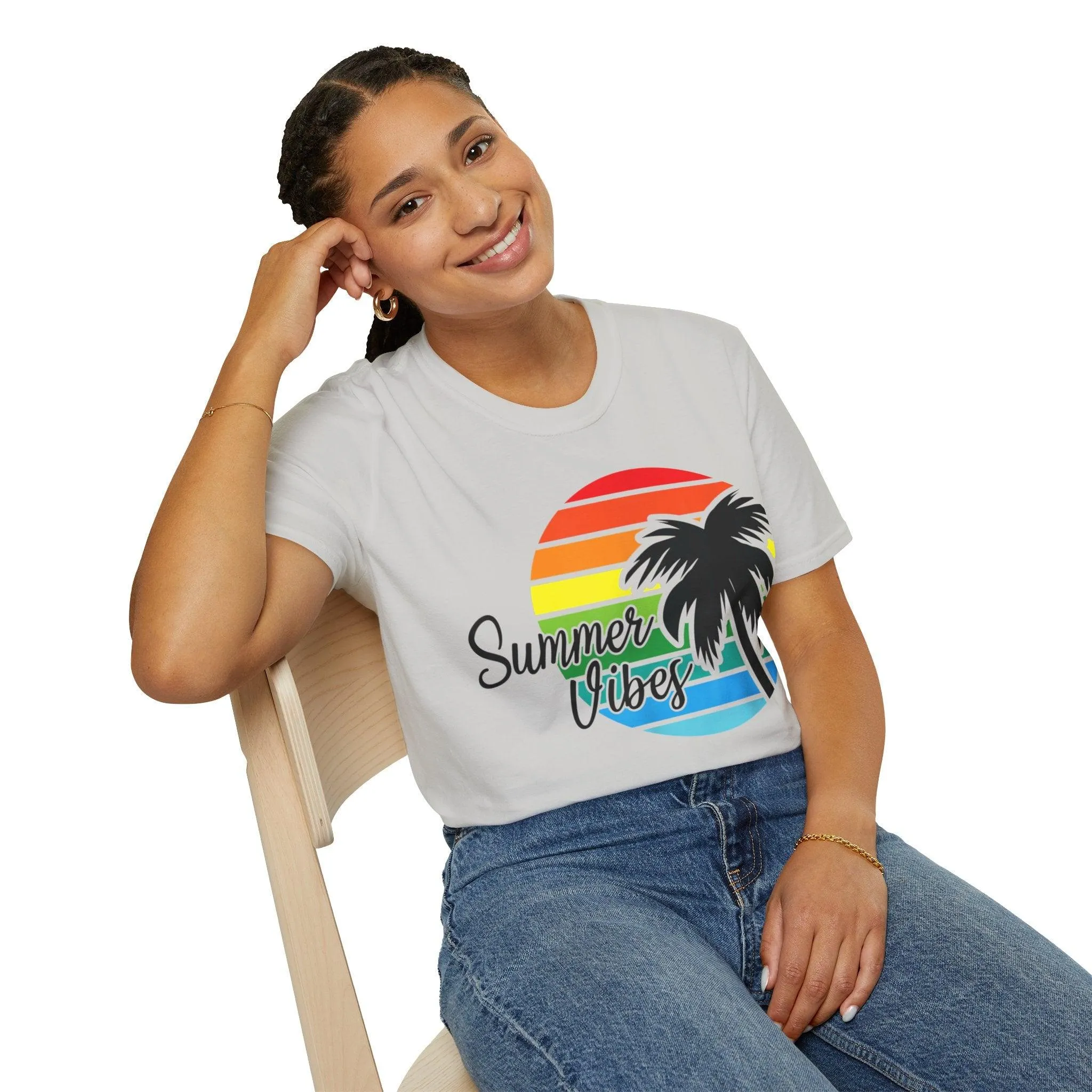 Retro Beach Summer Vibe Sunset And Palm Trees Unisex Softstyle T-Shirt
