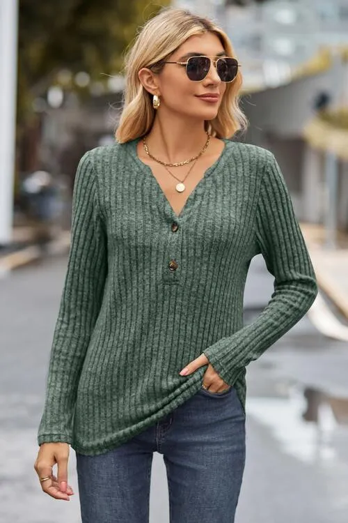 Ribbed Half Button Long Sleeve Knit Top (6 Colors)