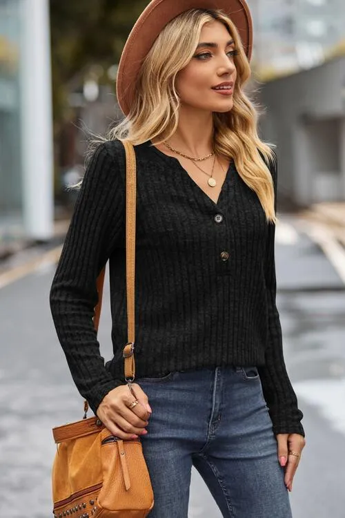 Ribbed Half Button Long Sleeve Knit Top (6 Colors)