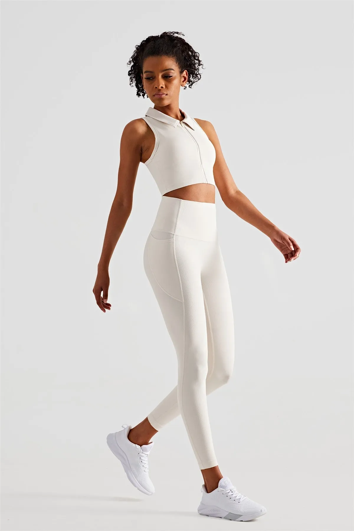 Ribbed Lapel Collar Crop Sleeveless Tank Tops