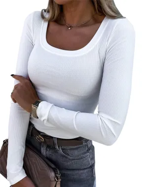 Roselux Womens Long Sleeve Scoop Neck Ribbed Knit Fitted Casual Tops Tee Slim Basic Shirts