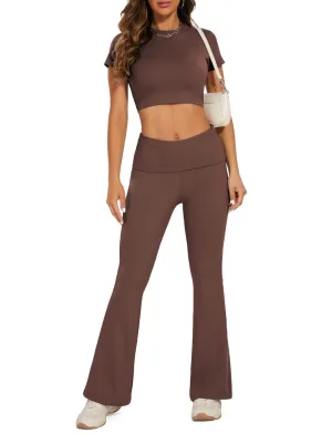 SEASUM Women 2 Piece Y2K Casual Workout Outfits Short Sleeve Crop Tops Fold over Yoga Pants Tracksuit Streetwear Lounge Sets Coconut Brown XS