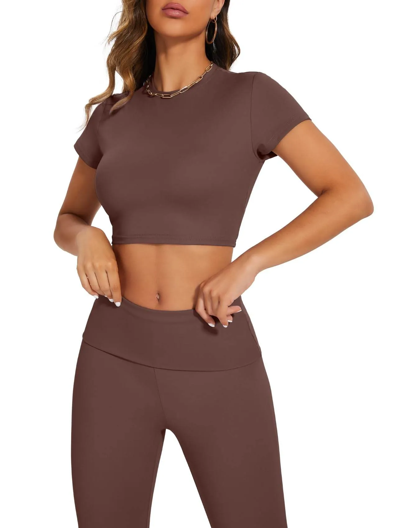 SEASUM Women 2 Piece Y2K Casual Workout Outfits Short Sleeve Crop Tops Fold over Yoga Pants Tracksuit Streetwear Lounge Sets Coconut Brown XS