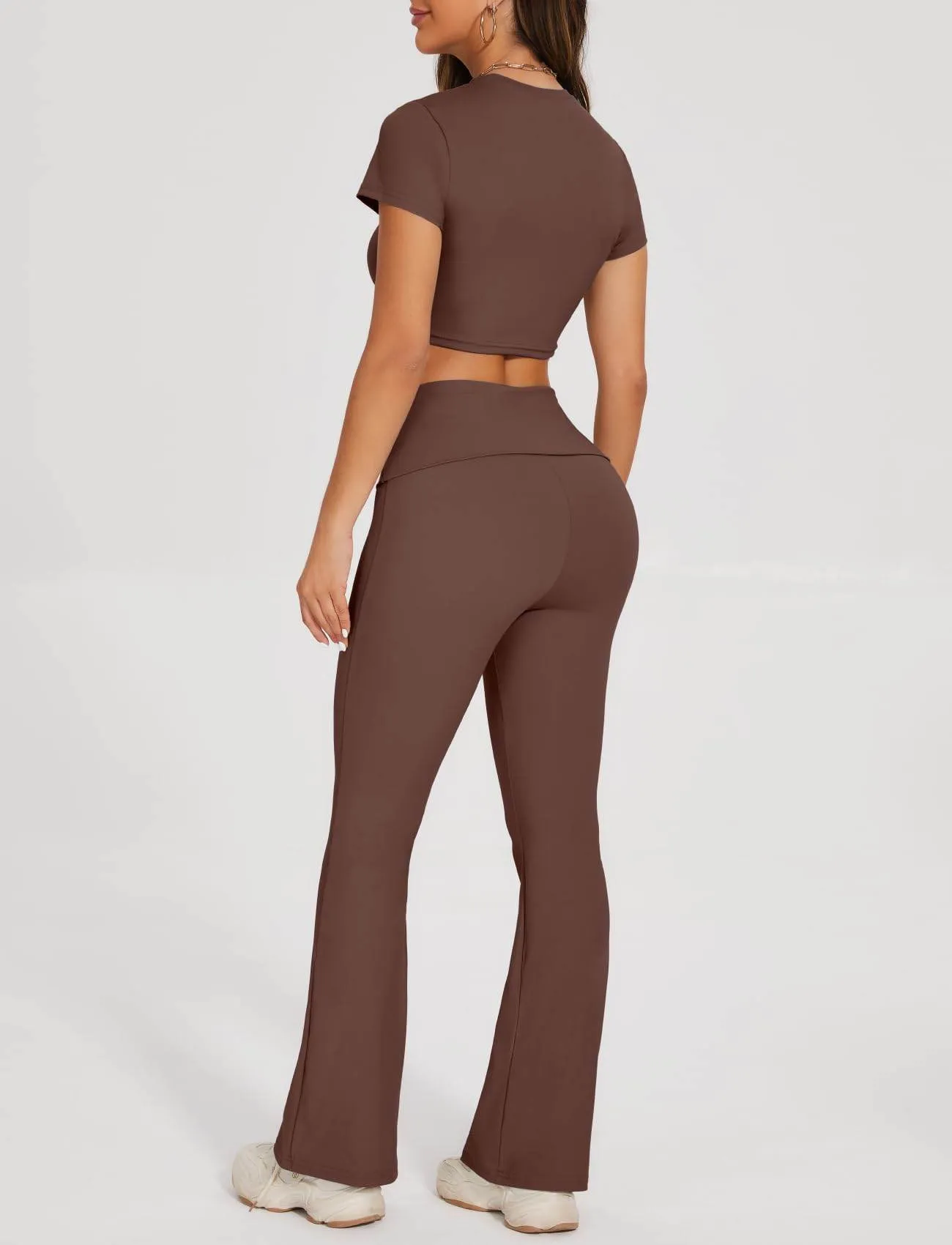 SEASUM Women 2 Piece Y2K Casual Workout Outfits Short Sleeve Crop Tops Fold over Yoga Pants Tracksuit Streetwear Lounge Sets Coconut Brown XS