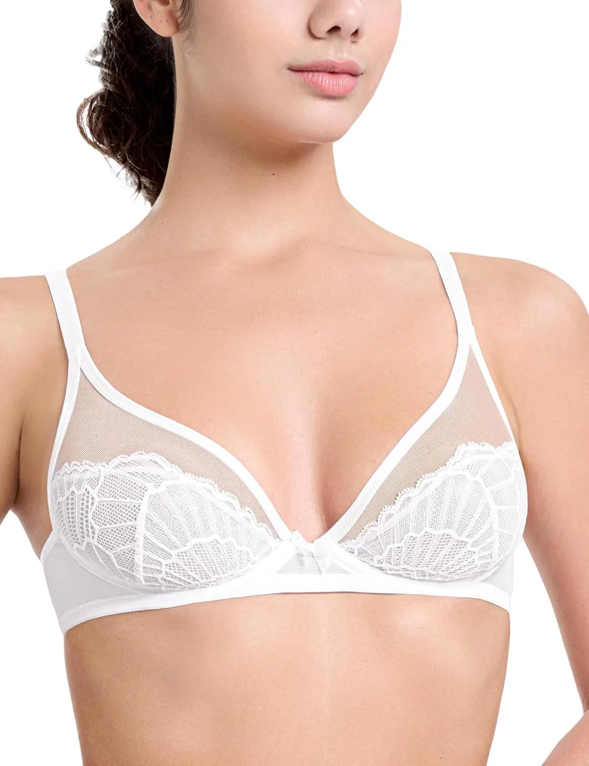 Sheer Lace Underwire Unlined Mesh & Adjustable Straps White