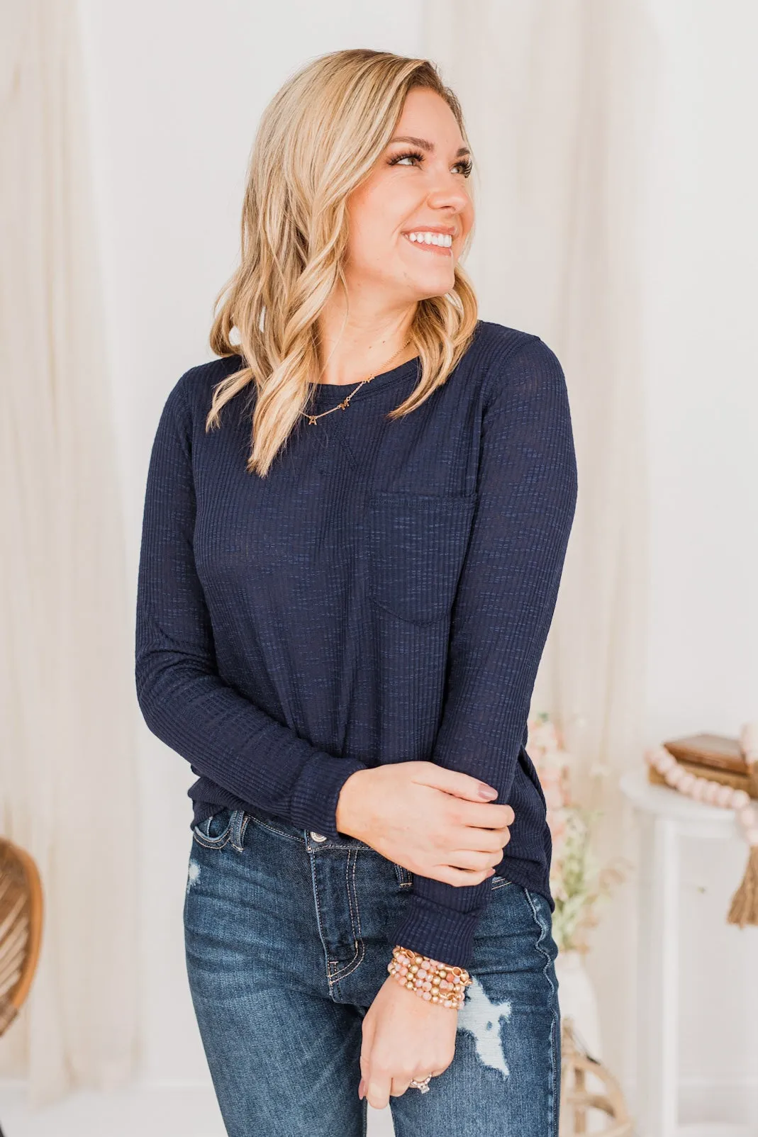 Slowing Things Down Pocket Long Sleeve Top- Navy