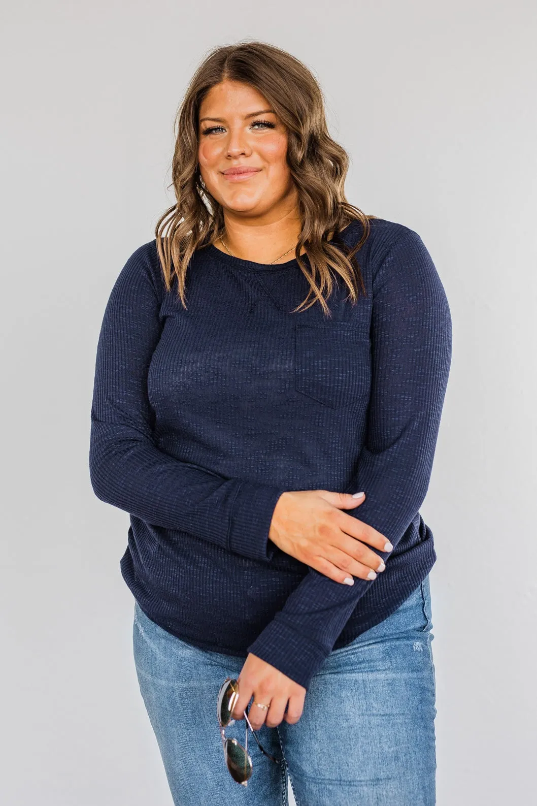 Slowing Things Down Pocket Long Sleeve Top- Navy