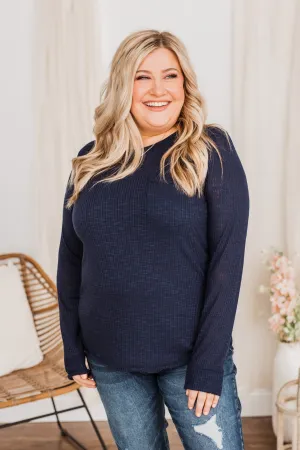Slowing Things Down Pocket Long Sleeve Top- Navy