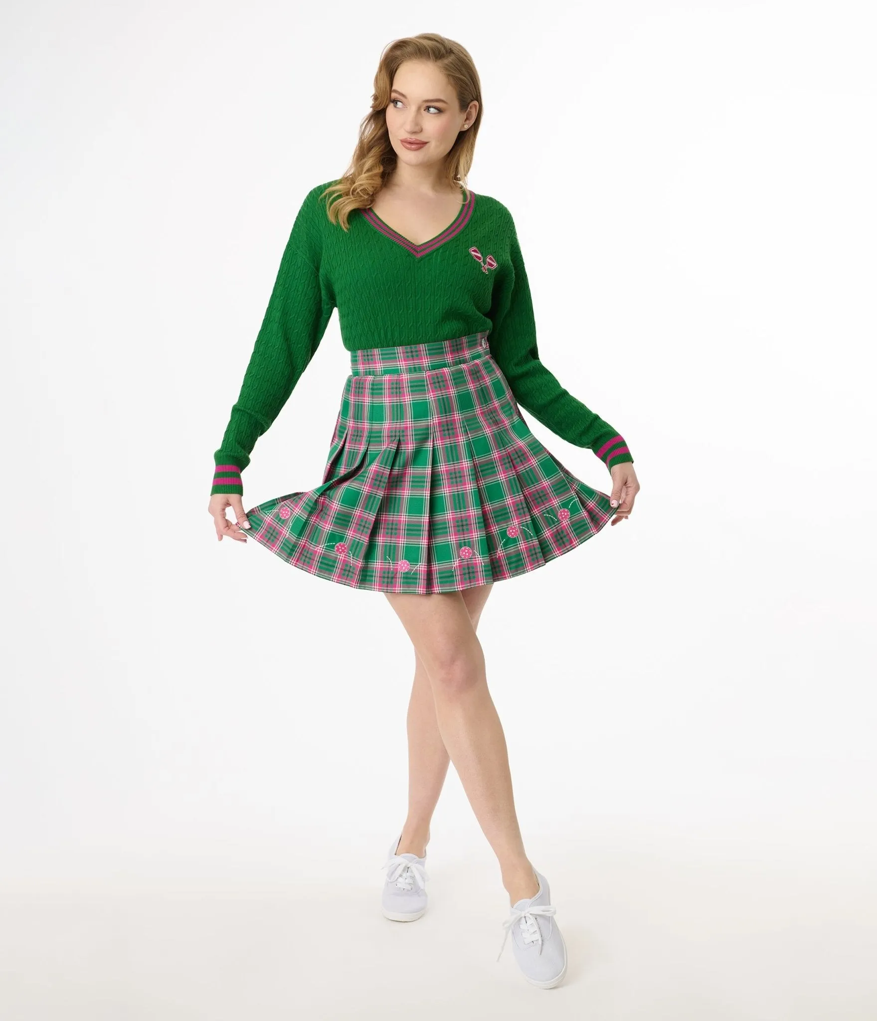 Smak Parlour Pink & Green Plaid Pickleball Pleated Mini Skirt