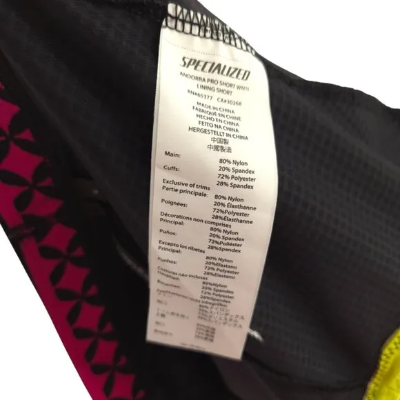 Specialized Andorra Pro Short WMN Lining Short Black Pink Padded Bike Shorts L