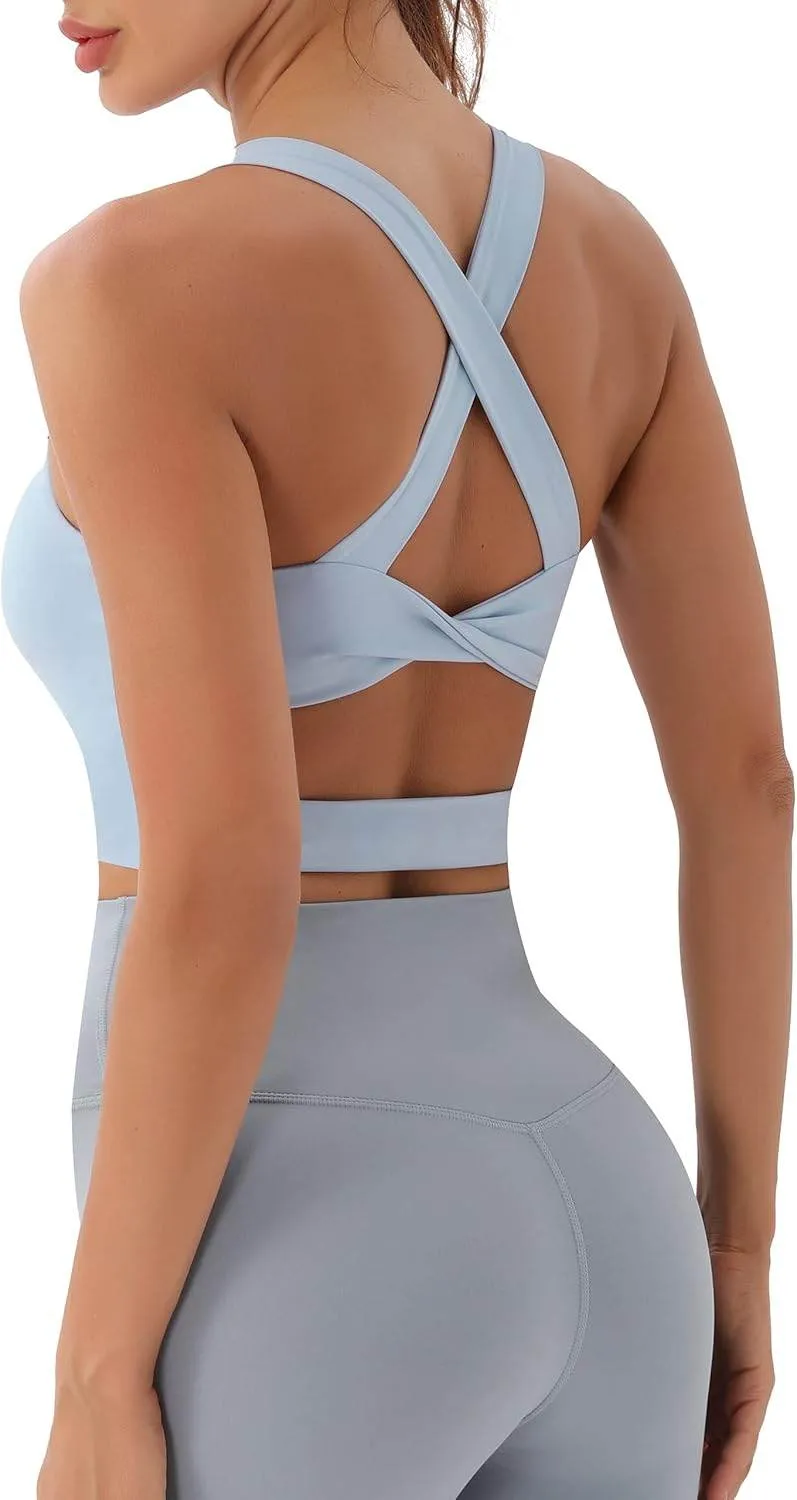 Sports Bras for Women Criss-Cross Back Padded Workout Tank Tops Medium Support Crop Tops for Women