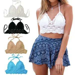 Summer Style Crochet Crop Top Women Sexy Vintage Cropped Tops Summer Hollow Out Strappy Halter Kinitted Camis Top Bra
