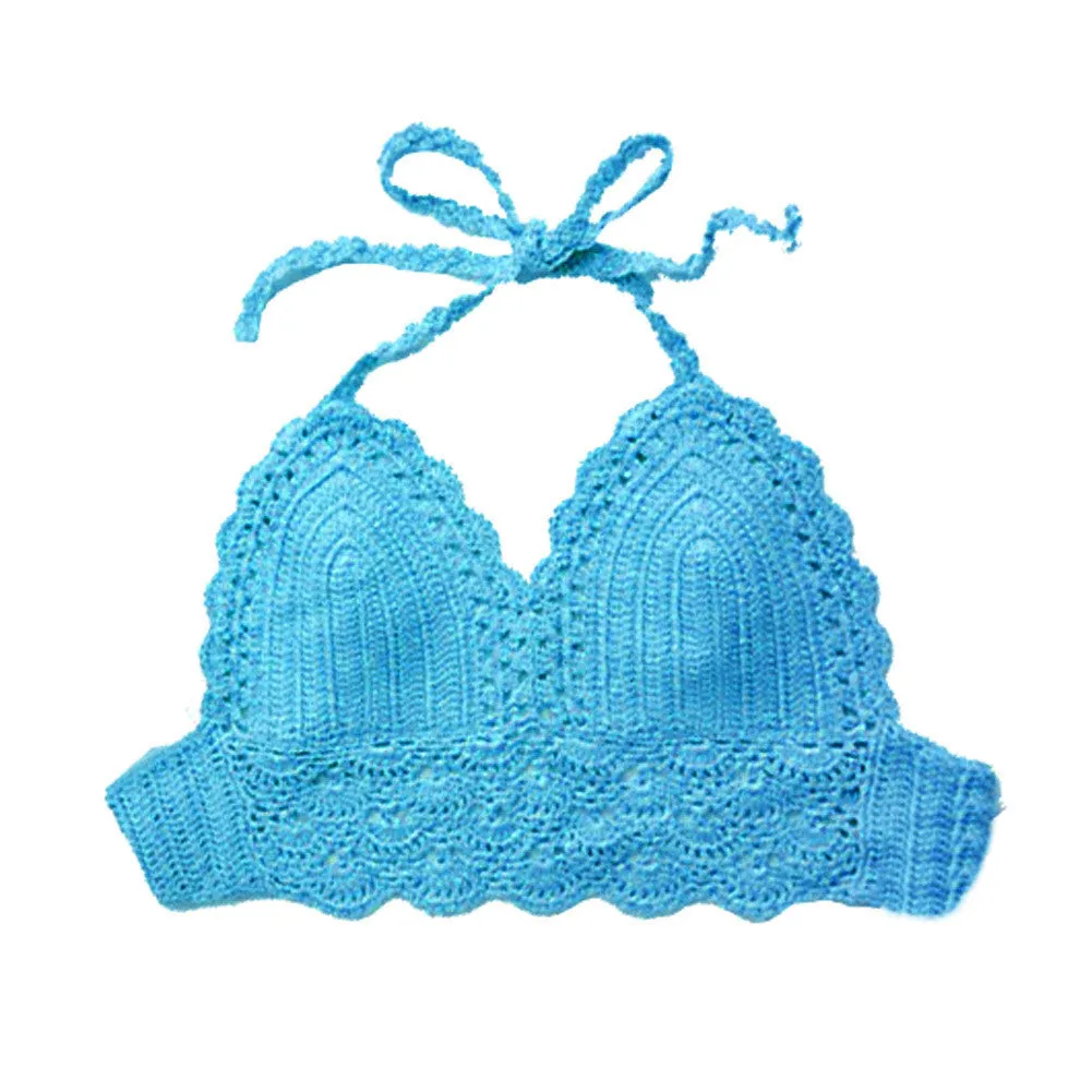 Summer Style Crochet Crop Top Women Sexy Vintage Cropped Tops Summer Hollow Out Strappy Halter Kinitted Camis Top Bra