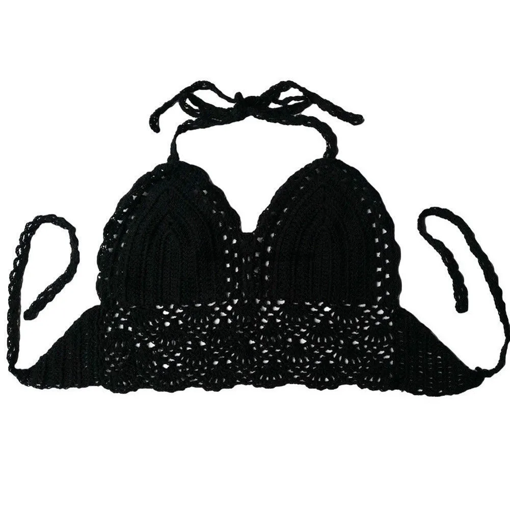 Summer Style Crochet Crop Top Women Sexy Vintage Cropped Tops Summer Hollow Out Strappy Halter Kinitted Camis Top Bra