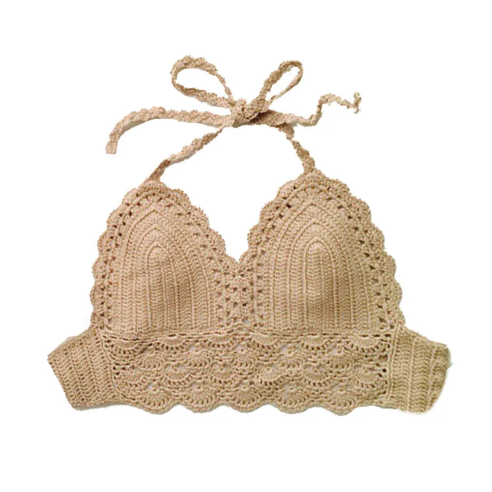 Summer Style Crochet Crop Top Women Sexy Vintage Cropped Tops Summer Hollow Out Strappy Halter Kinitted Camis Top Bra