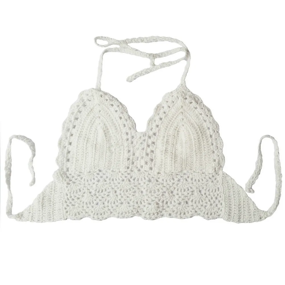 Summer Style Crochet Crop Top Women Sexy Vintage Cropped Tops Summer Hollow Out Strappy Halter Kinitted Camis Top Bra
