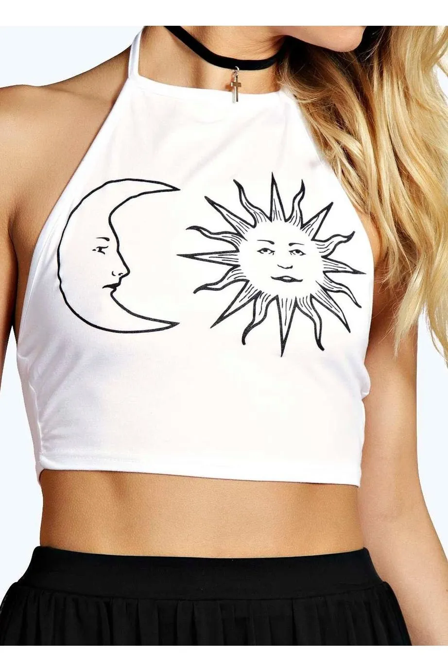Sun Moon Print Halter Neck Crop Vest Top