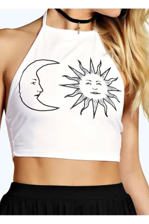 Sun Moon Print Halter Neck Crop Vest Top